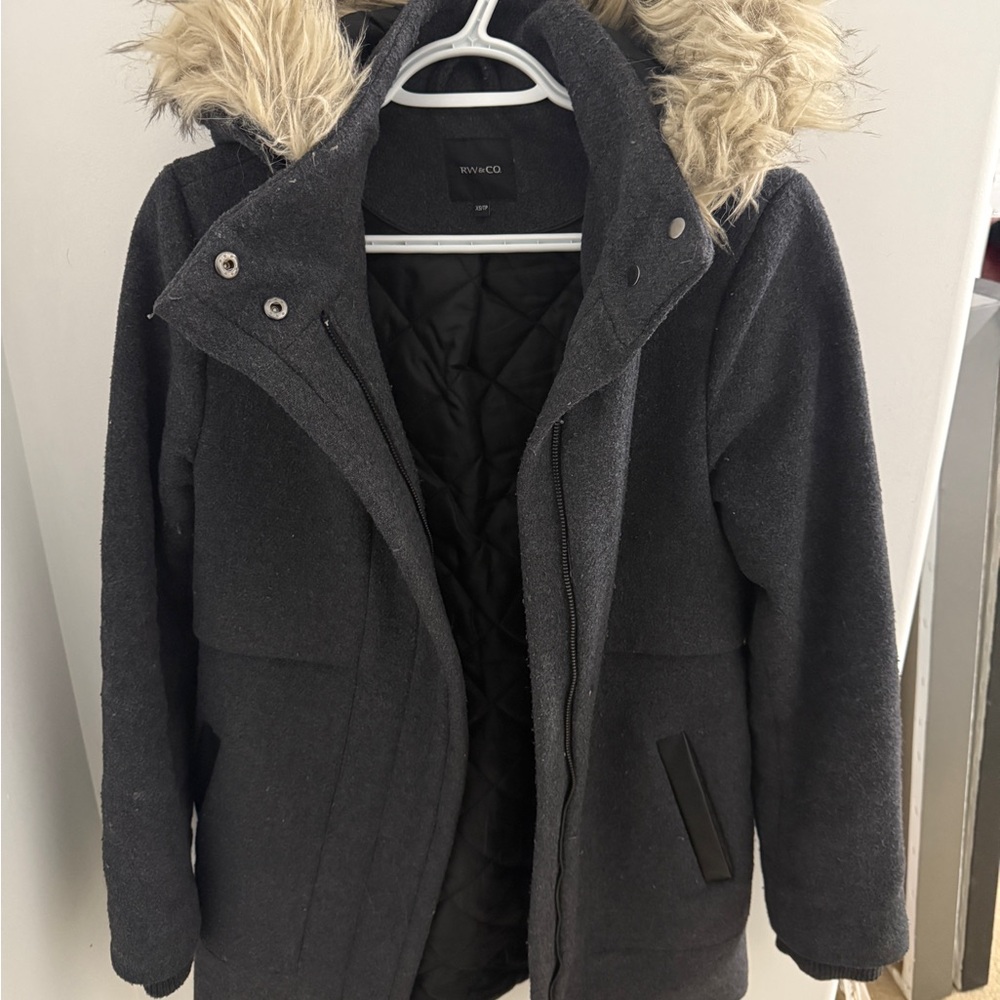 RW&CO Black Puffer Coat with Fur-Trimmed Hood